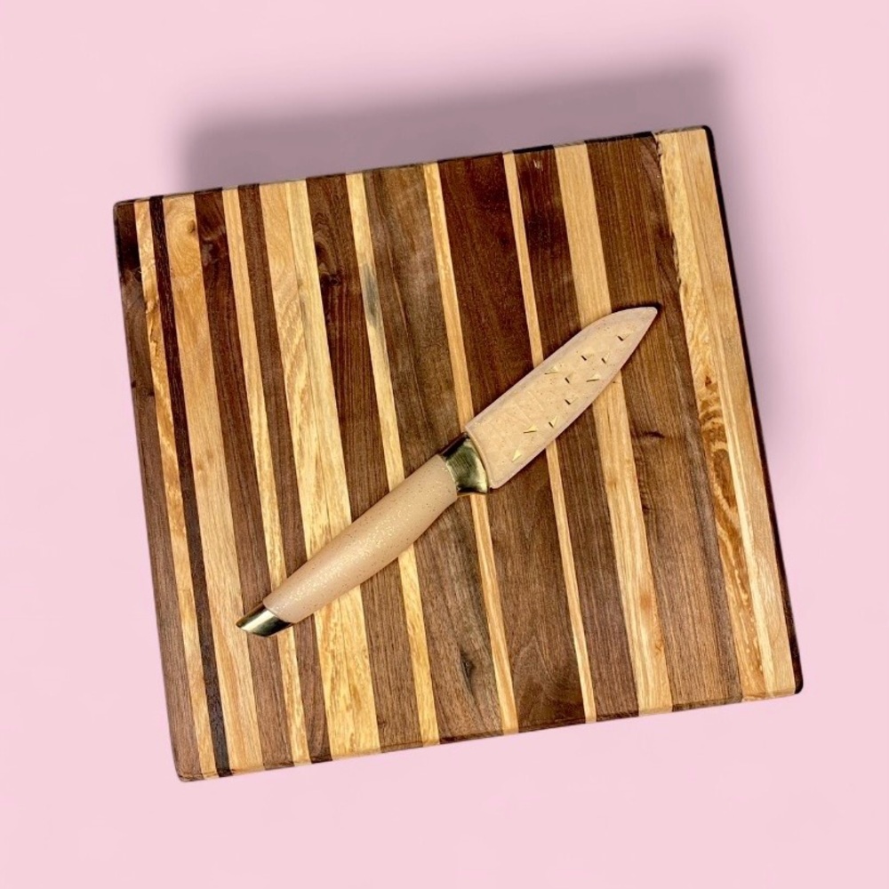 NEW Handmade Cutting Board w Rubber Feet 10x10.5 inch Striped Dark & Light Wood